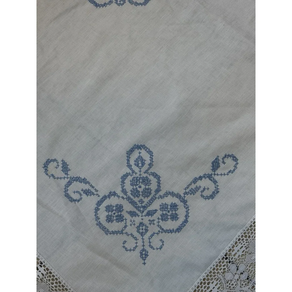 Vintage Hand Cross Stitched Linen Tablecloth White Blue Embroidery Lace 66x10